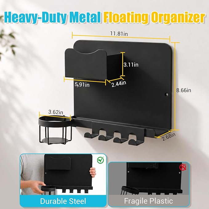 Metal Bedside Wall Shelf, No Drill Floating Bedside Shelf Wall Organizer | Bedside Wall Shelf with Detachable Cup Holder for Bedroom, Dorm, Nightstand Alternative, Bunk Bed Accessories & RV Storage