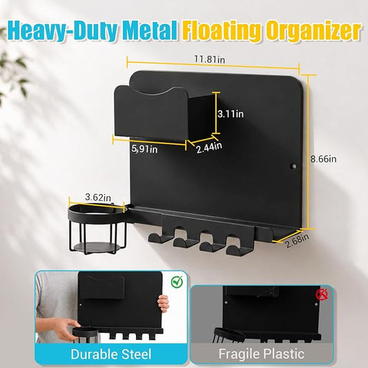 Metal Bedside Wall Shelf, No Drill Floating Bedside Shelf Wall Organizer | Bedside Wall Shelf with Detachable Cup Holder for Bedroom, Dorm, Nightstand Alternative, Bunk Bed Accessories & RV Storage