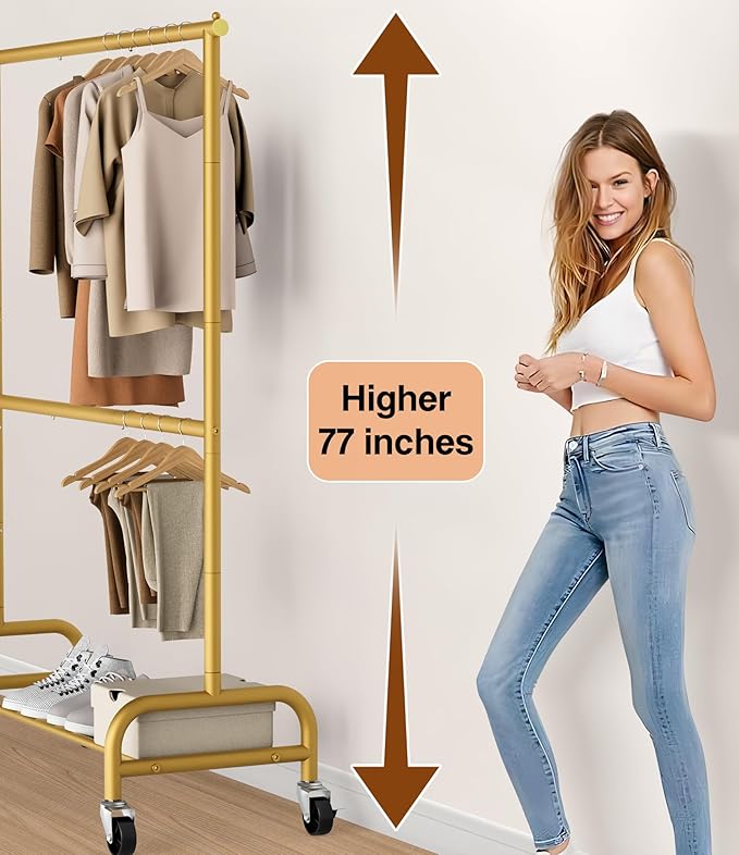 MISSLO Gold Clothing Racks for Hanging Clothes Heavy Duty Clothes Rack Double Garment Rack Metal Rolling Coat Rack Closet Wardrobe Rack on Wheels