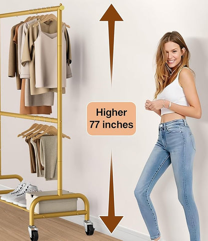 MISSLO Gold Clothing Racks for Hanging Clothes Heavy Duty Clothes Rack Double Garment Rack Metal Rolling Coat Rack Closet Wardrobe Rack on Wheels
