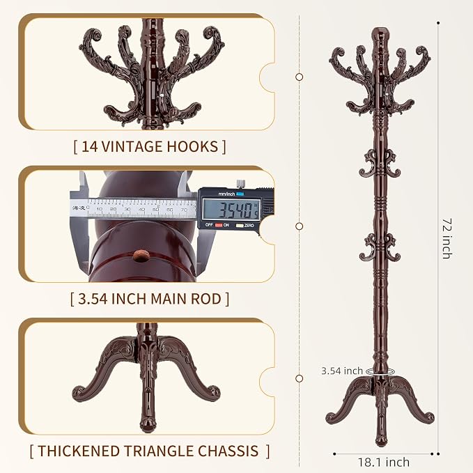 ZOZOE Wooden Classic Coat Rack Stand, Solid Wood Coat Rack Freestanding with 14 Hooks, Vintage Coat Racks with Sturdy Triangle Base, Natural Birch Wood Coat Tree Stand for Entryway Hallway