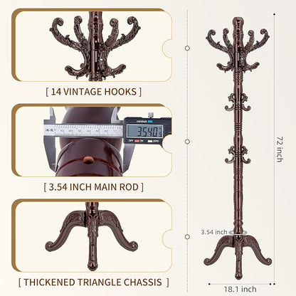 ZOZOE Wooden Classic Coat Rack Stand, Solid Wood Coat Rack Freestanding with 14 Hooks, Vintage Coat Racks with Sturdy Triangle Base, Natural Birch Wood Coat Tree Stand for Entryway Hallway