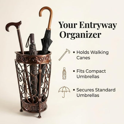 Super Quality Umbrella Stand, Umbrella Holder, Antique Look Metal, Entry Hallway Décor, Wallside Style, with Removable Drip Tray (Gold Brown)