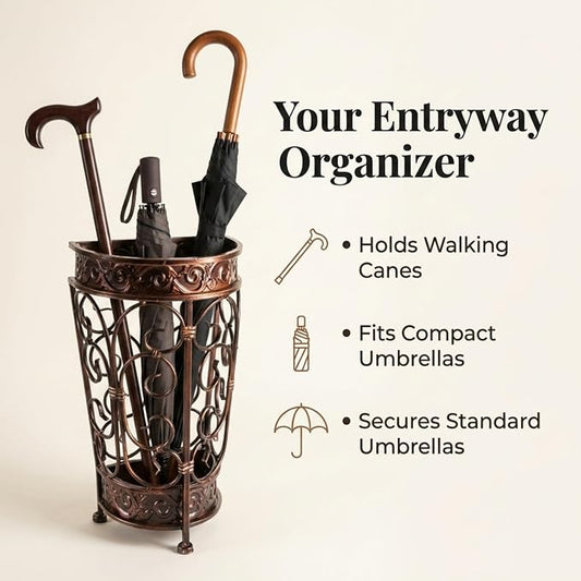 Super Quality Umbrella Stand, Umbrella Holder, Antique Look Metal, Entry Hallway Décor, Wallside Style, with Removable Drip Tray (Gold Brown)
