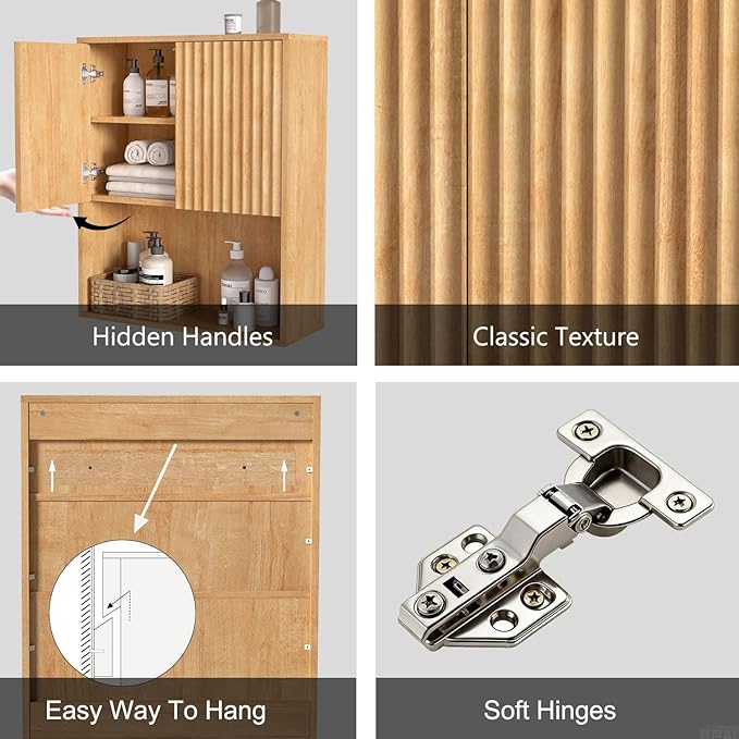 Fluted Bathroom Wall Cabinet Over The Toilet Storage,Wall Mounted Cabinet with Adjustable Shelf,Floating Cabinet Organizer Hanging Cabinet,Kitchen and Laundry Room Cabinets (Oak, 1 PC)