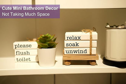 Farmhouse Mini Bookstack for Bathroom Decor Wooden Books for Restroom Shelf Decorative Accent for Guest Bathroom Sign, 2 Signs in 1 Reversible - Wash Your Hands/Relax Soak Unwind