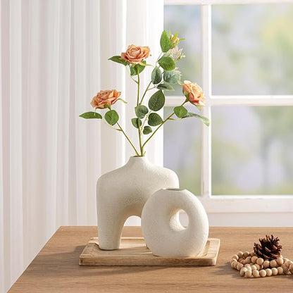 Dobbyby Ceramic Vase Set of 2, Modern Donut Vases for Minimalist Nordic Home Decor, Waterproof Round Vase, Decorative Centerpiece Vases for Living Room, Entryway, Table Decor (02-Rustic Cream)
