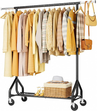 HYSEYY Heavy-Duty 450LBS Capacity Metal Clothes Rack，Rolling Clothing Rack with Wheels & Shelves, Portable Standing Wardrobe Rack for Hanging Clothes, Black (Black, L)