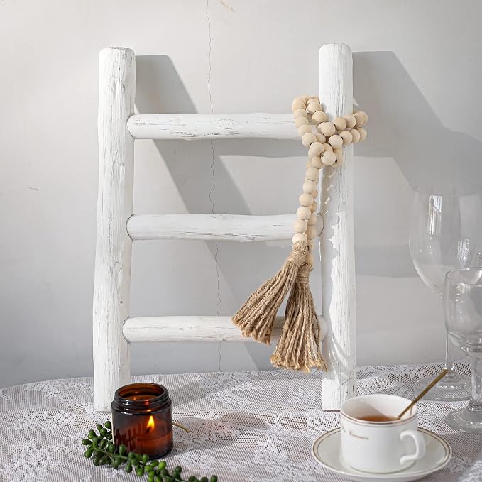 FUIN Fully Assembled Wooden Tea Towel Ladder, Mini Ladder Towel Rack Display Hanger, Small Rustic Farmhouse Tea Towel Stand Holder for Country Bathroom Decor, White