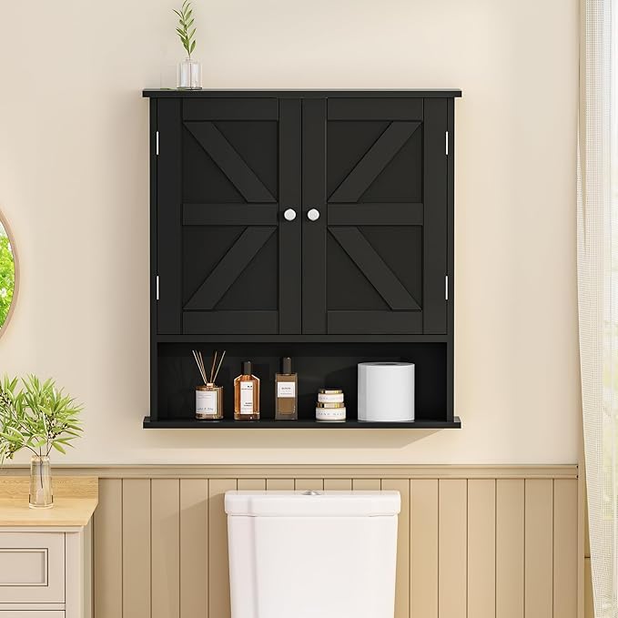 TEENFON Bathroom Wall Cabinet, Bathroom Cabinet with Barn Doors & Adjustable Shelf, Over The Toilet Storage Cabinet, Medicine Cabinet, Black UNGGX001HV1