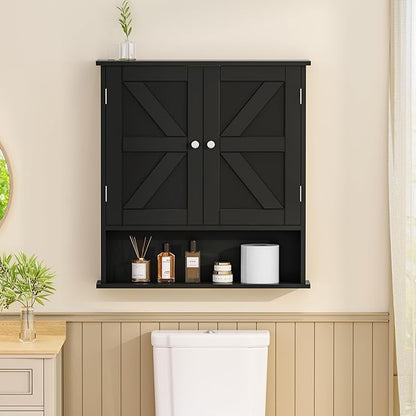TEENFON Bathroom Wall Cabinet, Bathroom Cabinet with Barn Doors & Adjustable Shelf, Over The Toilet Storage Cabinet, Medicine Cabinet, Black UNGGX001HV1