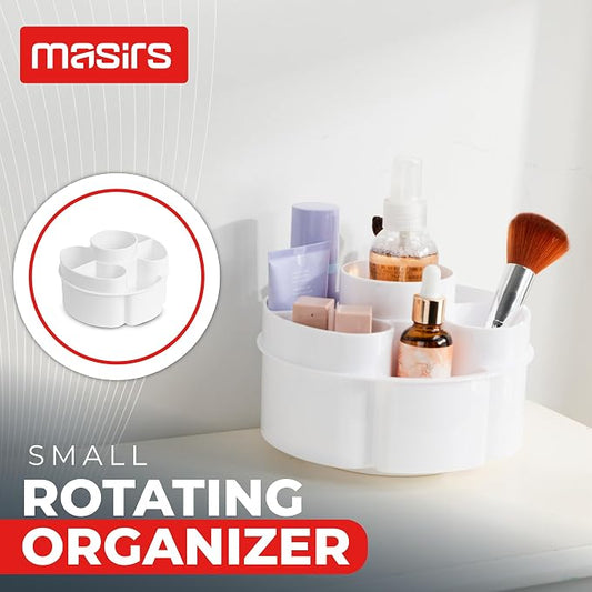 Masirs Small 360 Rotating Makeup Organizer - Mini Yet Spacious Cosmetic Storage Solution with Multiple Compartments - The Perfect Spinning Make-Up Caddy for Vanity or Bathroom Counter (Round - White)