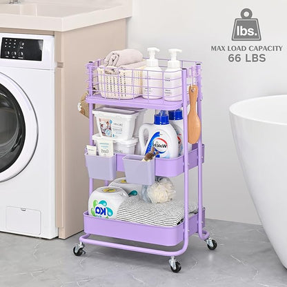 KINGRACK 3 Tier Rolling Cart, Metal Mobile Storage Shelf with Lockable Wheels, Prevent Falling Utility Trolley Cart, Storage Organizer for Kitchen, Office, Bathroom, Dorm, Purple