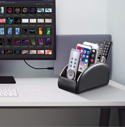 YAPISHI Large Leather TV Remote Control Holder Organizer Black with 5 Compartments Nightstand Desktop Media DVD Player Remote Tray Caddy Storage Box for Mobile Phone Pen Office Stationery Controllers