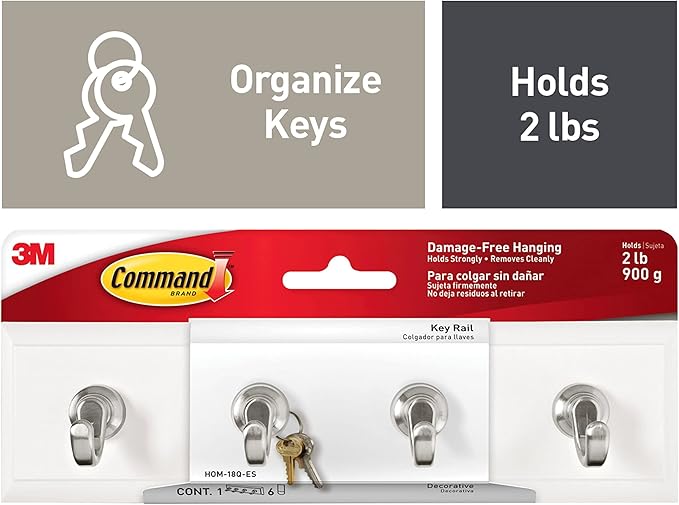 Command Key Rails, Total 2 Key Racks with 12 Command Strips, 2 Pack of 1 Rail, 4 Key Hooks on One Rail, Organize Damage-Free