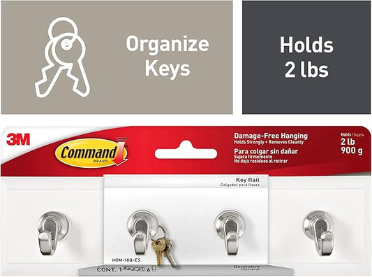 Command Key Rails, Total 2 Key Racks with 12 Command Strips, 2 Pack of 1 Rail, 4 Key Hooks on One Rail, Organize Damage-Free