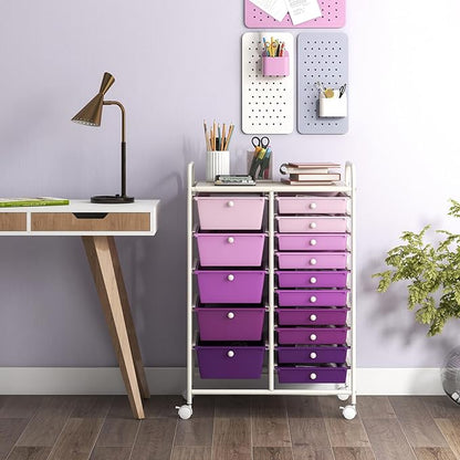 GOFLAME 15-Drawer Rolling Storage Cart, Craft Storage Cart with Removable Drawers & Lockable Wheels, Art Cart Supply Storage Organizer for Home Office Classroom, Purple Gradient