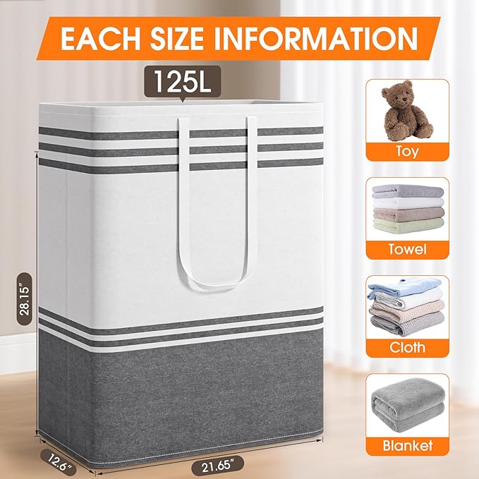 2 Pack Large Home Laundry Basket, Laundry Hamper, Freestanding Waterproof Dirty Clothes Bag, Tall Clothes Hamper - Extended & Reinforced Handles for College Dorm, Family (Light Grey/125L)