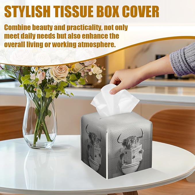 Funny Highland CowTissue Box Cover 2PCS, Leather Tissue Box Holder Square Facial Paper Case Tissue Box Cube Organizer for Bathroom Bedroom Desk Office