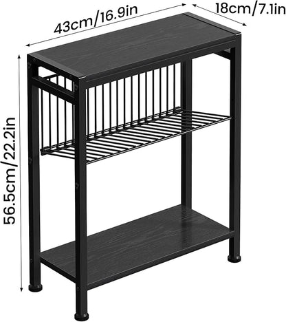 End Table Set of 2 for Small Space, 3-Tier Narrow Side Table with Magazine Holder,Slim Nightstand, Skinny Snack Couch Table in Living Room, Bedroom Study and Balcony (Black)