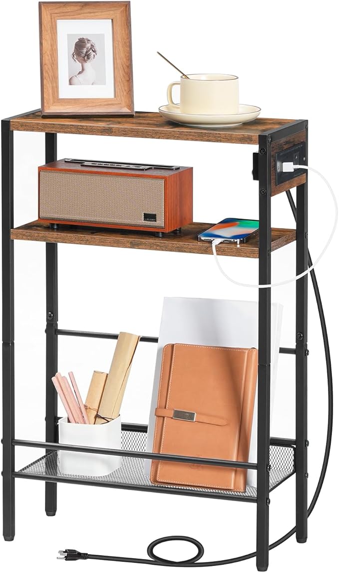 HOOBRO Small Narrow Side Table with Charging Station Set of 2, Skinny End Table for Small Spaces, Slim Nightstand with USB Ports Outlet, Sofa Beside Table with Storage Shelf BF102UBZP201