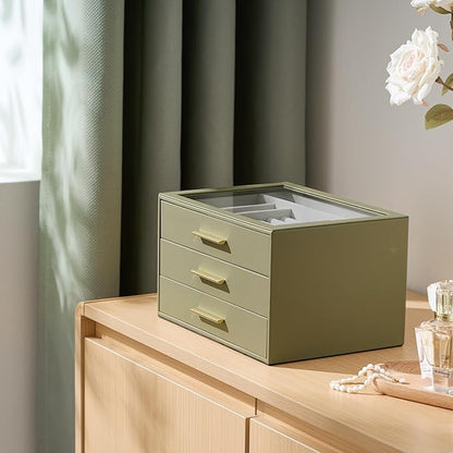 Jewelry Box Organizer Case for Women: 3-Layer Jewelry Storage Case with Glass Window, Olive Green Leather with Cream Velvet, Holder for Ring Necklace Bracelet Brooch Watch, Great Gift for Her