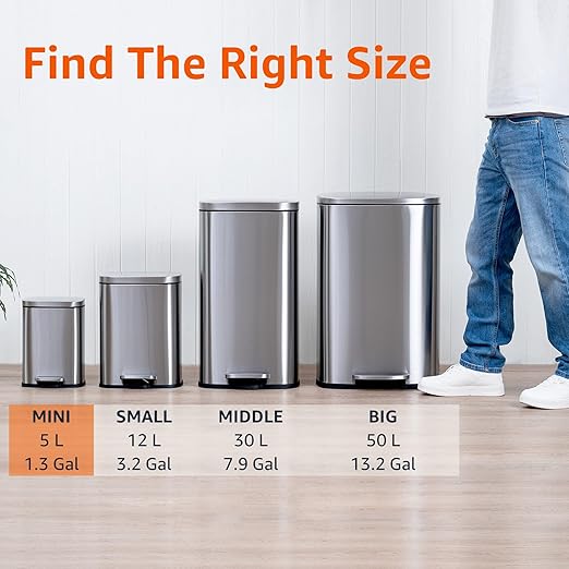 Amazon Basics Smudge Resistant Rectangular Trash Can with Soft-Close Lid, Foot Pedal, Removable Inner Bucket, 5L/1.32 Gal, Brushed Stainless Steel, for Bathroom & Small Space, Satin Nickel Finish
