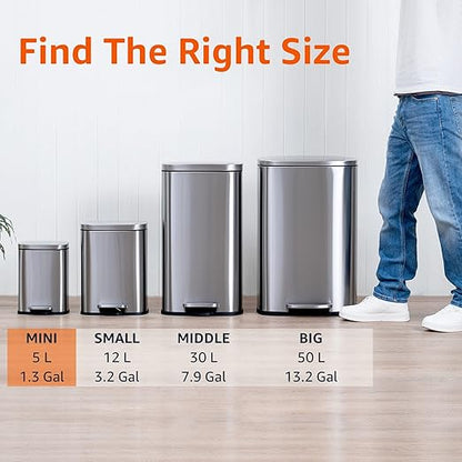 Amazon Basics Smudge Resistant Rectangular Trash Can with Soft-Close Lid, Foot Pedal, Removable Inner Bucket, 5L/1.32 Gal, Brushed Stainless Steel, for Bathroom & Small Space, Satin Nickel Finish