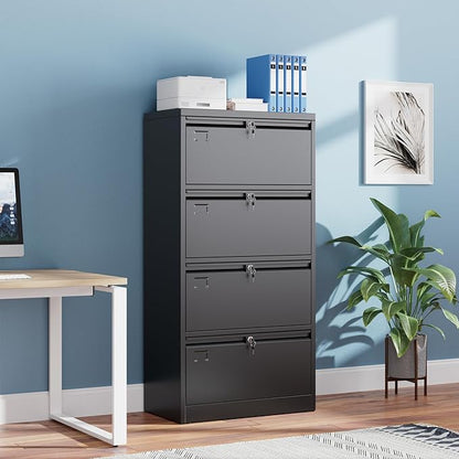 57.17"H Lateral File Cabinet with 4 Drawer,Metal Wide Filing Cabinet with 4 Locks and Business Card Slot for Home Office School Hanging Letter/Legal/F4/A4 Size Folders,Required Assembly,Black