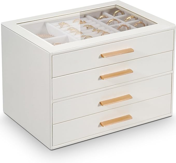GUOER Jewelry Box for Women 4 Layers, Glass Lid Jewelry Organizer with 4 Drawers Cloud White PU Jewelry Storage Case for Necklaces Rings Earrings Bracelets