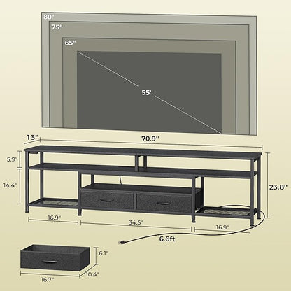 Huuger TV Stand for 75 80 Inch TV, Entertainment Center with Power Outlets and LED Lights, 70.9 Inch TV Console for Living Room, Media Console with Drawers and Shelves, Black