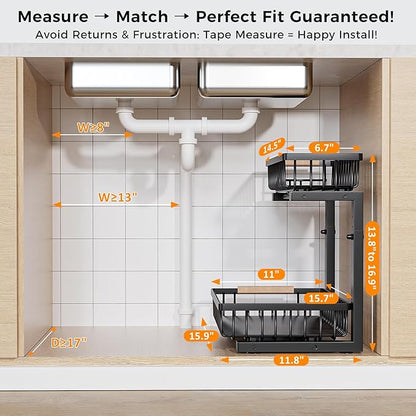 Under Sink Organizer,2 Pack Under Kitchen Sink Organizer,2 Tier Sliding-Out,5 Level Height Adjustable,Thickened Carbon Steel,Anti-Rust Treatment,for Kitchen Bathroom Black