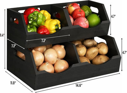 Potato and Onion Storage Bin, 2 Tier Bamboo Kitchen Storage Rack, Stackable Ventilated Pantry Organizer with Handles for Garlic Peppers Vegetables, Countertop Produce Bins, Black(Assembly Required)