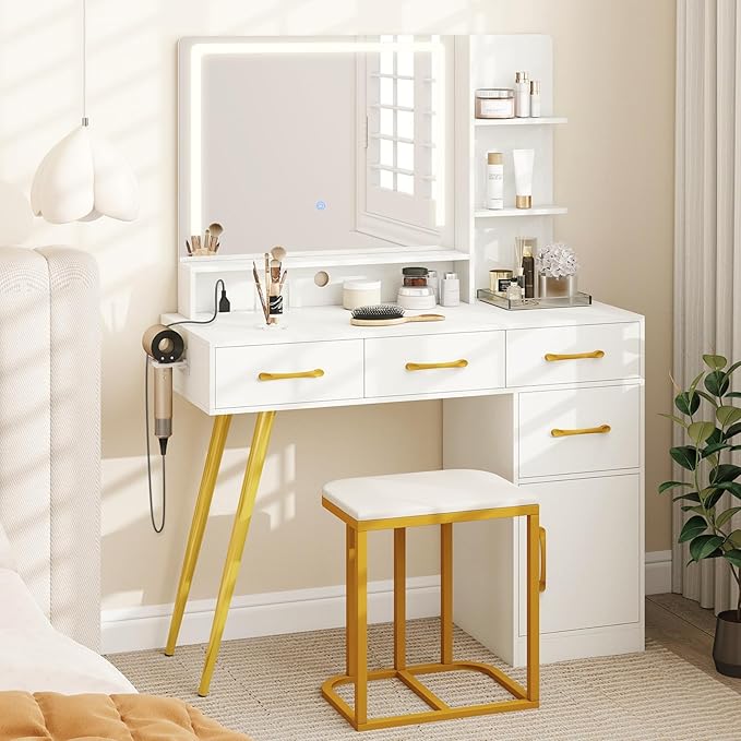 CHARMAID Vanity Desk with LED Mirror and Lights, Charging Station, 4 Drawers, Storage Cabinet & Shelves, Hair Dryer Holder, Modern Makeup Dressing Table with Stool for Bedroom, White & Gold