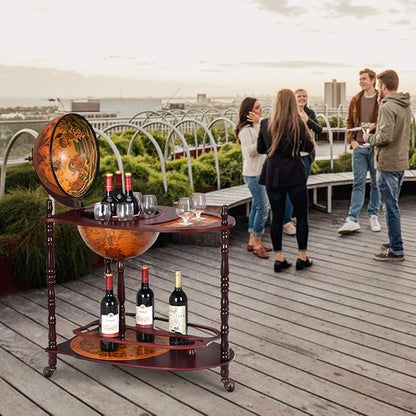 LDAILY Globe Bar, 34.5”Wood Wine Bar Stand with Wheels, Bottom Shelf & Old World Map, 16 Century Italian Replica Globe Bar Liquor Cabinet, Large Capacity Bar Cart for Home, Restaurant, Party