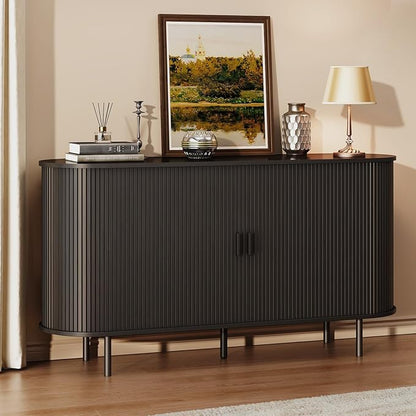 Buffet Sideboard Cabinet with Storage, 55" Fluted Cabinet with Sliding Door & Adjustable Shelf, Modern Accent Coffee Bar Console Table for Kitchen, Entryway, Black