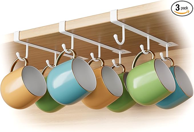 ECROCY Coffee Mug Holder Under Cabinet Only Fits Shelves up to 3/4" Thick, Clip-On Coffee Mug Organizer Pack of 3, No Drilling Free Damage