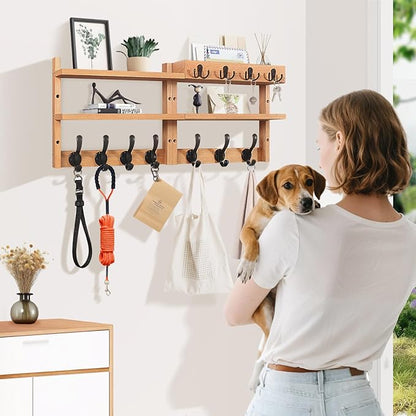 29" Coat Rack Wall Mount with Shelf, Pine Two-Tier Wall Shelf Mounted Coat and Key Hanger with 7 Heavy Duty Hooks 4 Key Hooks, Entryway Key Holder with Mail Holder for Bedroom,Living Room (Wood)