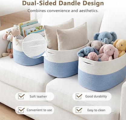 Cotton Rope Storage Basket, 15x10x9 Inches, Woven Basket for Shelves, Clothes, Towels, Books, and Laundry, White Blue (3 Pack)