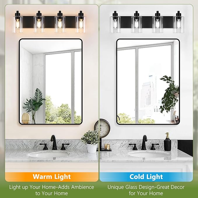 Bathroom Vanity Light, Modern Matte Black 4-Light Bathroom Lights Over Mirror with Clear Glass Shade,Wall Sconces for Bedroom,Living Room