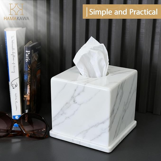 HAMAKAWA Natural Marble Tissue Box Cover, Volakas White Tissue Organizer 6 x 6 x 5.7 inch, Heavy Stone Decorative Box, Square Tissue Box Holder for Home Decor, Kitchen, Bathroom, Bedroom