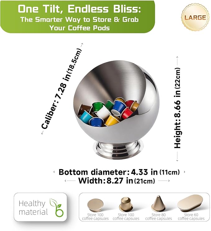 Large Capacity Coffee Pod Holder – Stainless Steel Pod Organizer and Holder | Stylish Coffee Bar Accessories & Countertop Storage (Silver with Base, L)