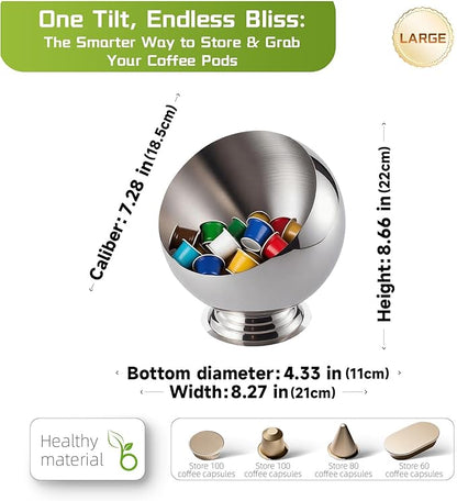 Large Capacity Coffee Pod Holder – Stainless Steel Pod Organizer and Holder | Stylish Coffee Bar Accessories & Countertop Storage (Silver with Base, L)