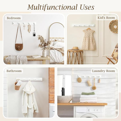 Coat Rack Wall Mount, Wooden Coat Hanger with 5 Hooks, Heavy Duty, White, 1 Pcs