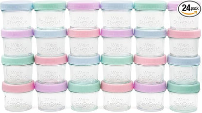 WeeSprout Baby Food Storage Glass Jars w/Lids (4 oz, 24 Pack) Pastel Variety, Snack, Reusable Small Containers, Fridge or Freezer, Microwave & Dishwasher Safe, Essentials for Infants