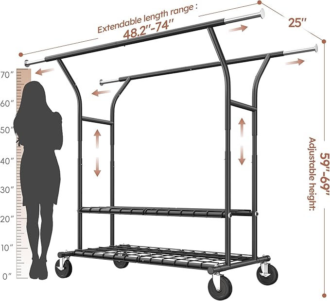 Raybee 74" W Heavy Duty Clothes Rack, Double Rods Clothing Rack Load 630 LBS, Rolling Clothes Racks for Hanging Clothes 400+, Garment Rack with shelves for Bedroom, Laundry Room, Retail Store