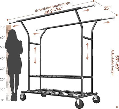 Raybee 74" W Heavy Duty Clothes Rack, Double Rods Clothing Rack Load 630 LBS, Rolling Clothes Racks for Hanging Clothes 400+, Garment Rack with shelves for Bedroom, Laundry Room, Retail Store