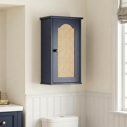 Over The Toilet Storage Cabinet, Above Toilet Organizer with Rattan Door, Modern Blue Finish, 13x25 inch Space Saving Bathroom Medicine Cabinet