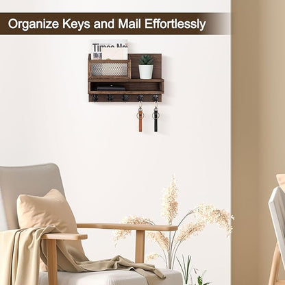Key Holder for Wall, Mail Organizer Wall Mount with Storage Compartment and 5 key Hooks for Coat, Dog Leash, Stylish Mesh Mail Holder, Home Decor Entry Way Organizer