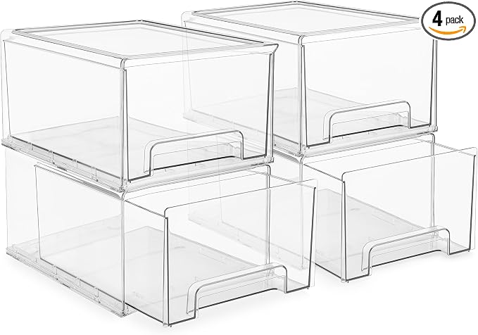 Sorbus Large Clear Stackable Storage Drawers – 4-Pack Plastic Organizer Bins with Handles – Stackable Pull-Out Storage Drawers for Closet, Pantry, Office, Bathroom, Craft, and Toy Organization